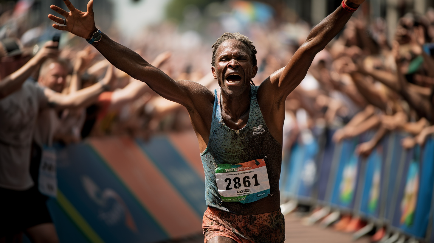 Marathon runner crossing finish line