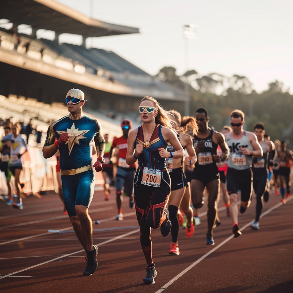 Group of marathon runners with Captain Marvel