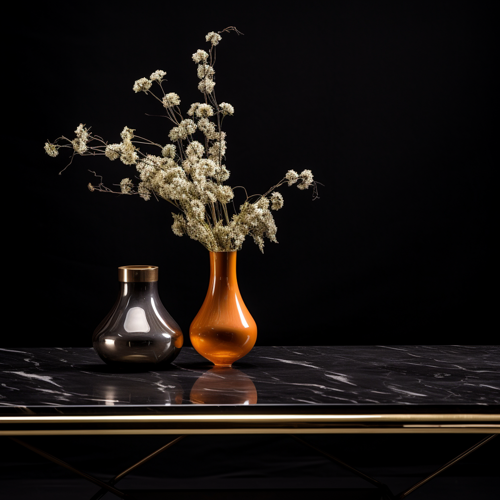 Marble coffee table with vase of flowers