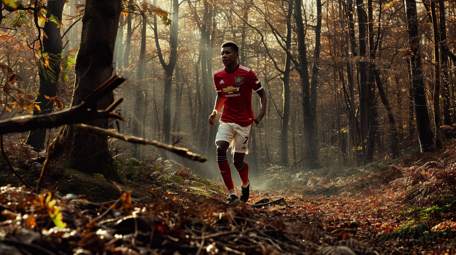 Marcus Rashford in Manchester United kit in forest