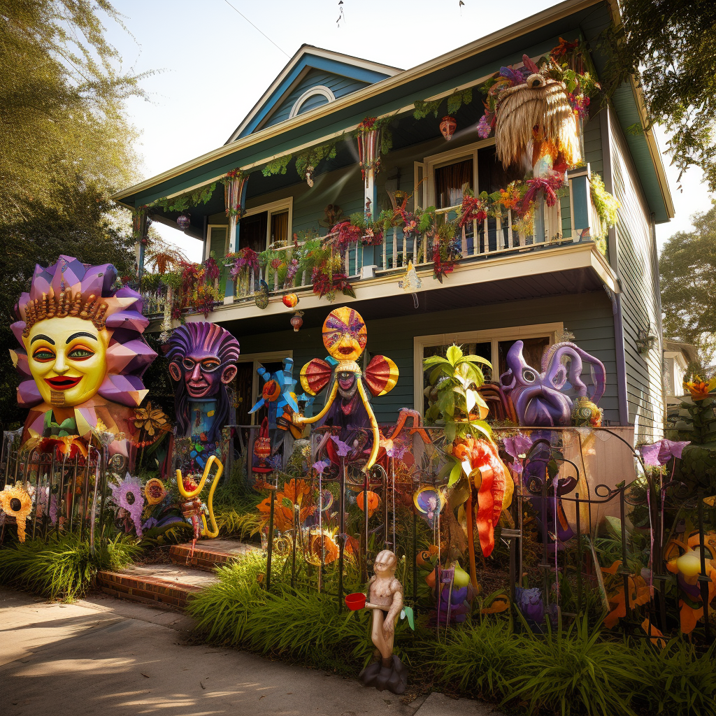 Colorful Mardi Gras Decorations in Yard