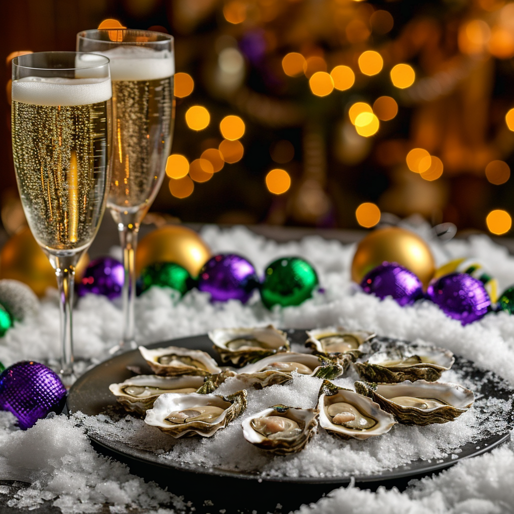 Mardis Gras party champagne oysters cajun creole snow