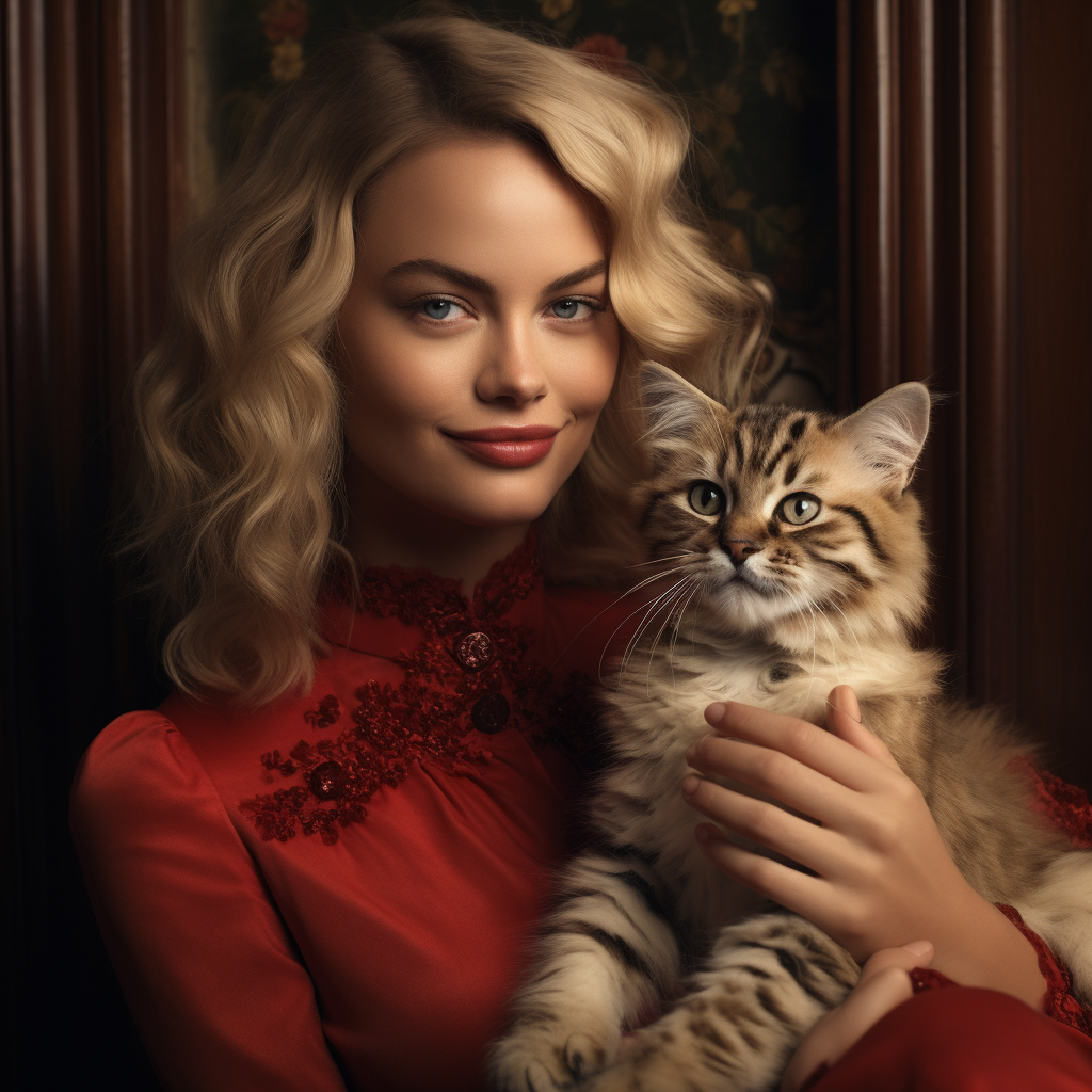 Margot Robbie with a playful cat