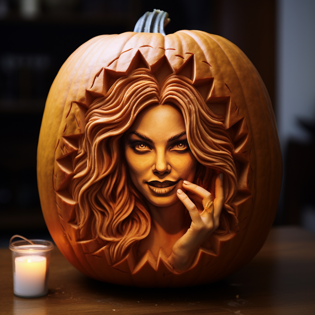 Mariah Carey hiding behind jack o lantern