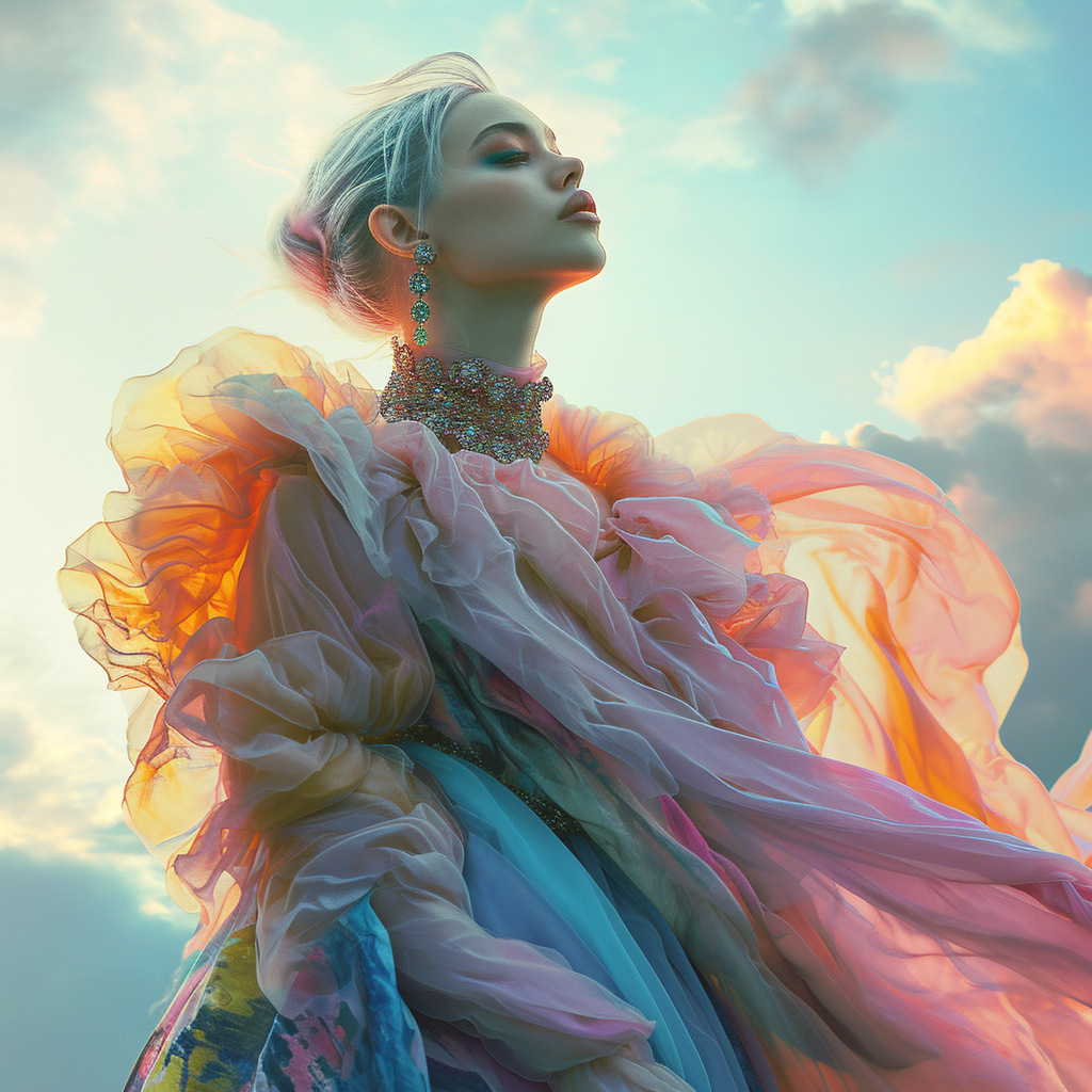 Marie Antoinette wearing futuristic couture in clouds