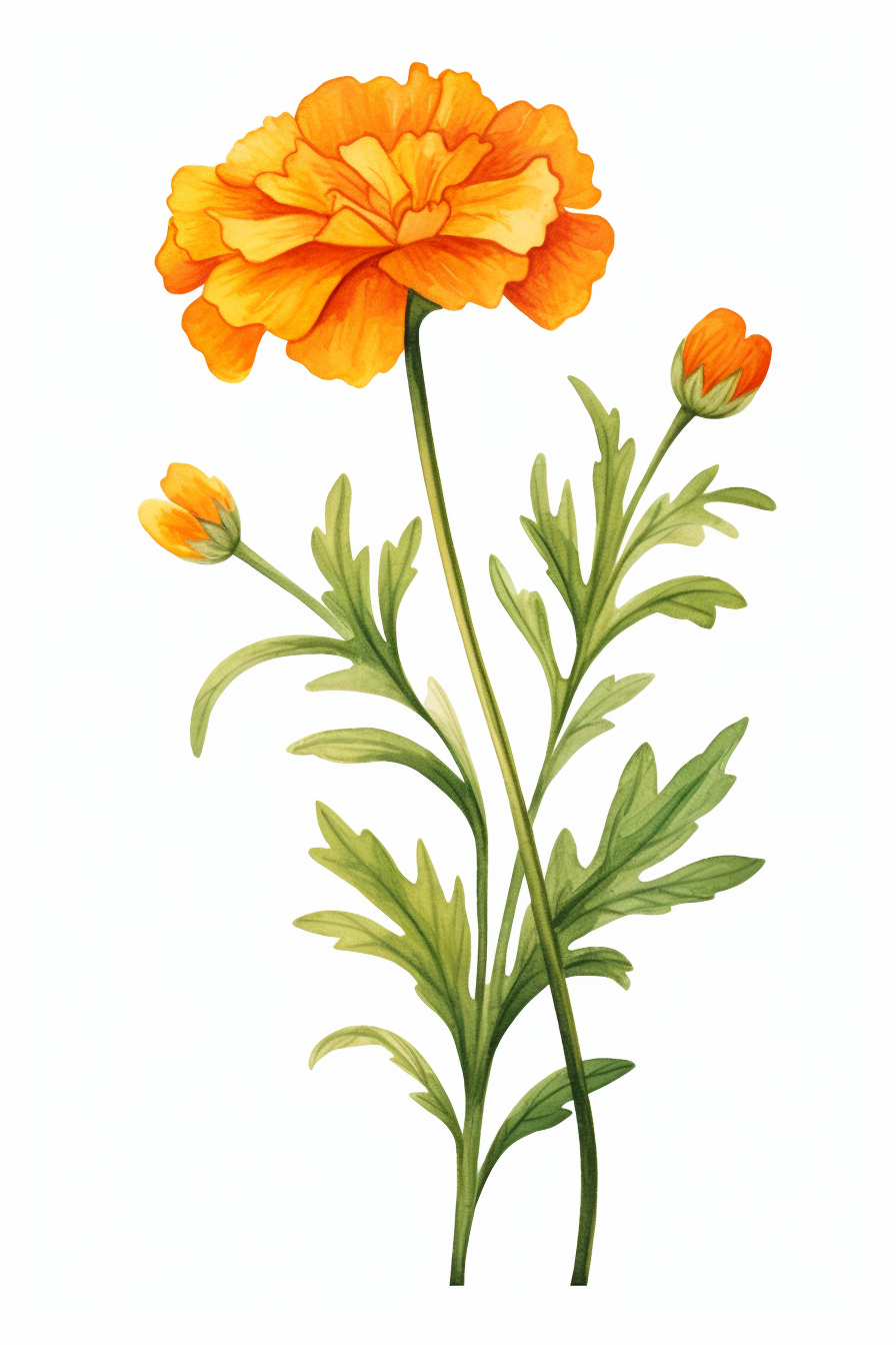 Vibrant watercolor marigold stem on white background