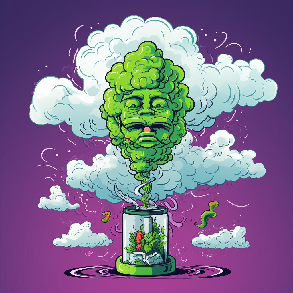 Cartoon marijuana vape with temperature clouds