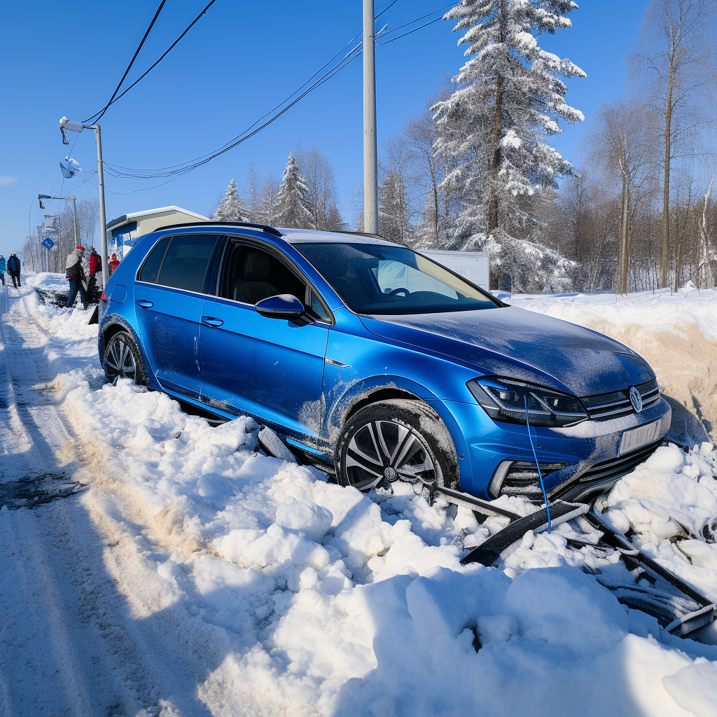 Crashed marine blue Volkswagen Golf in ditch