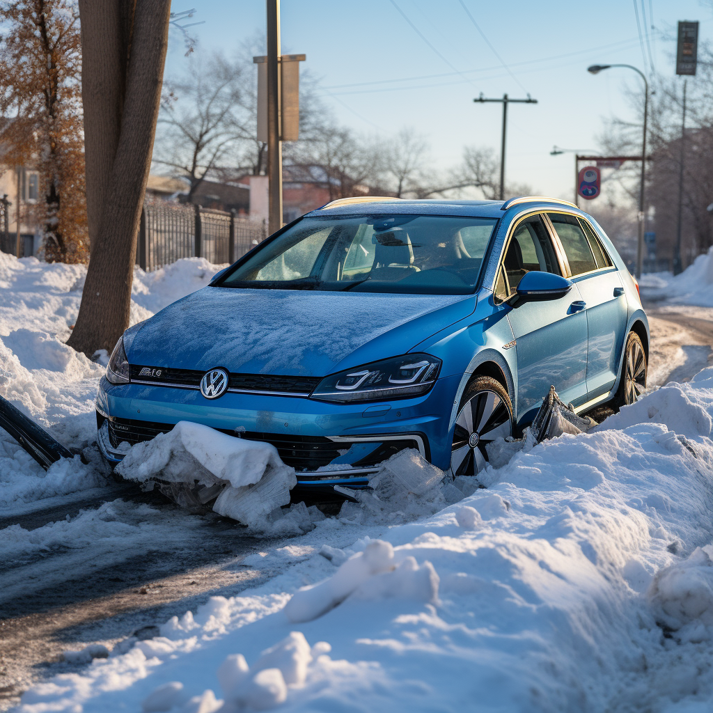 Crashed Marine Blue Volkswagen Golf in Snowy Ditch