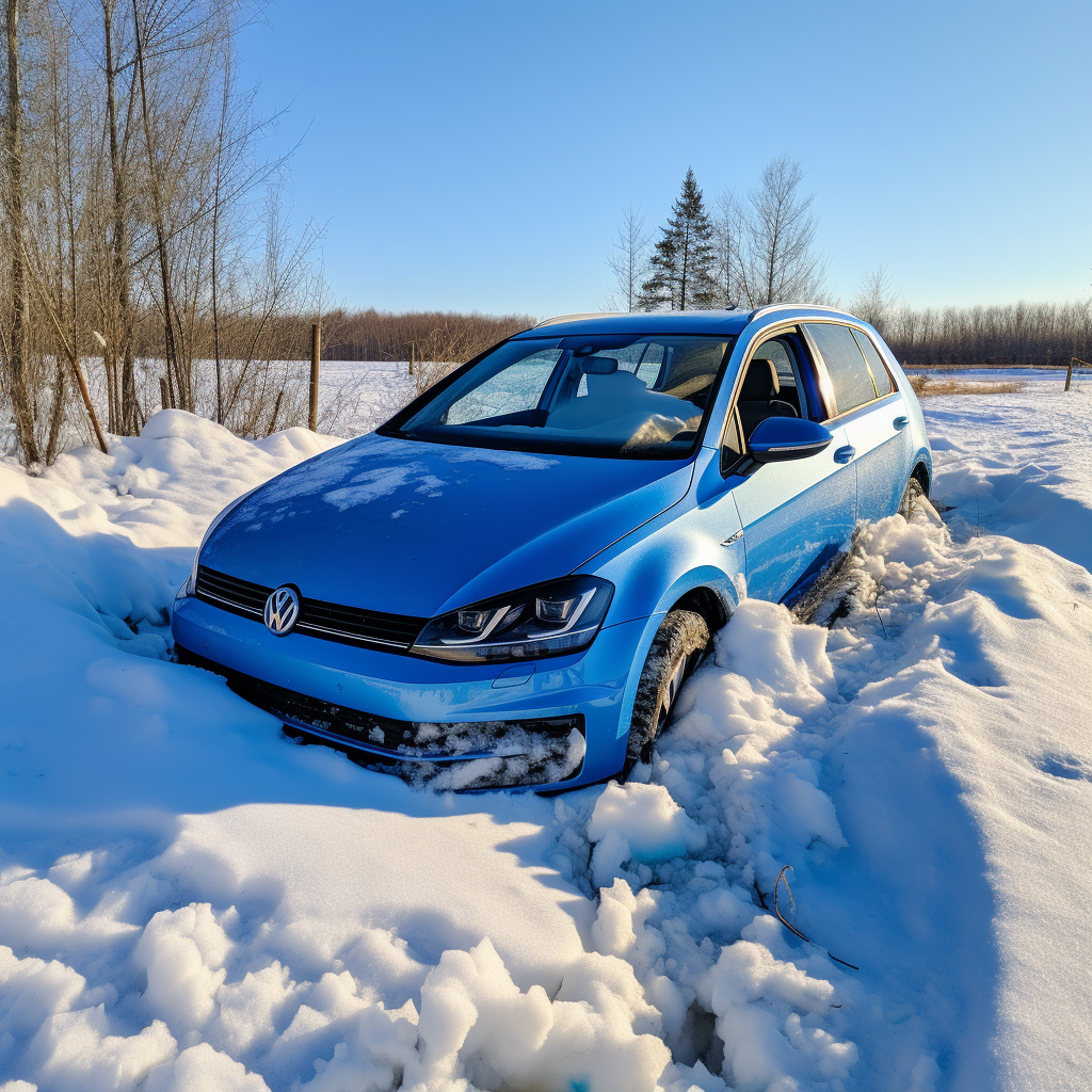 Crashed marine blue Volkswagen Golf Electric in ditch