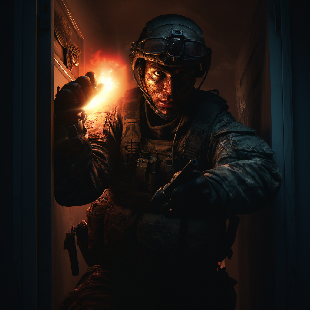 US Marine with Lantern in Combat Gear