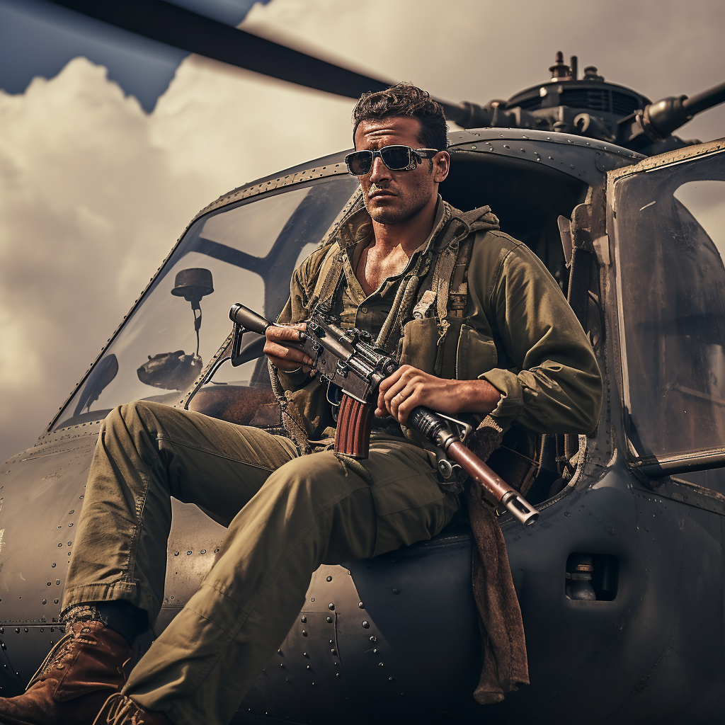 Marine Smoking Cigar with Thompson Machine Gun off Helicopter