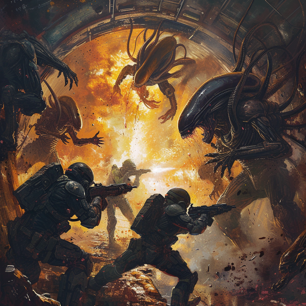 Marines being pursued by xenomorphs in space station