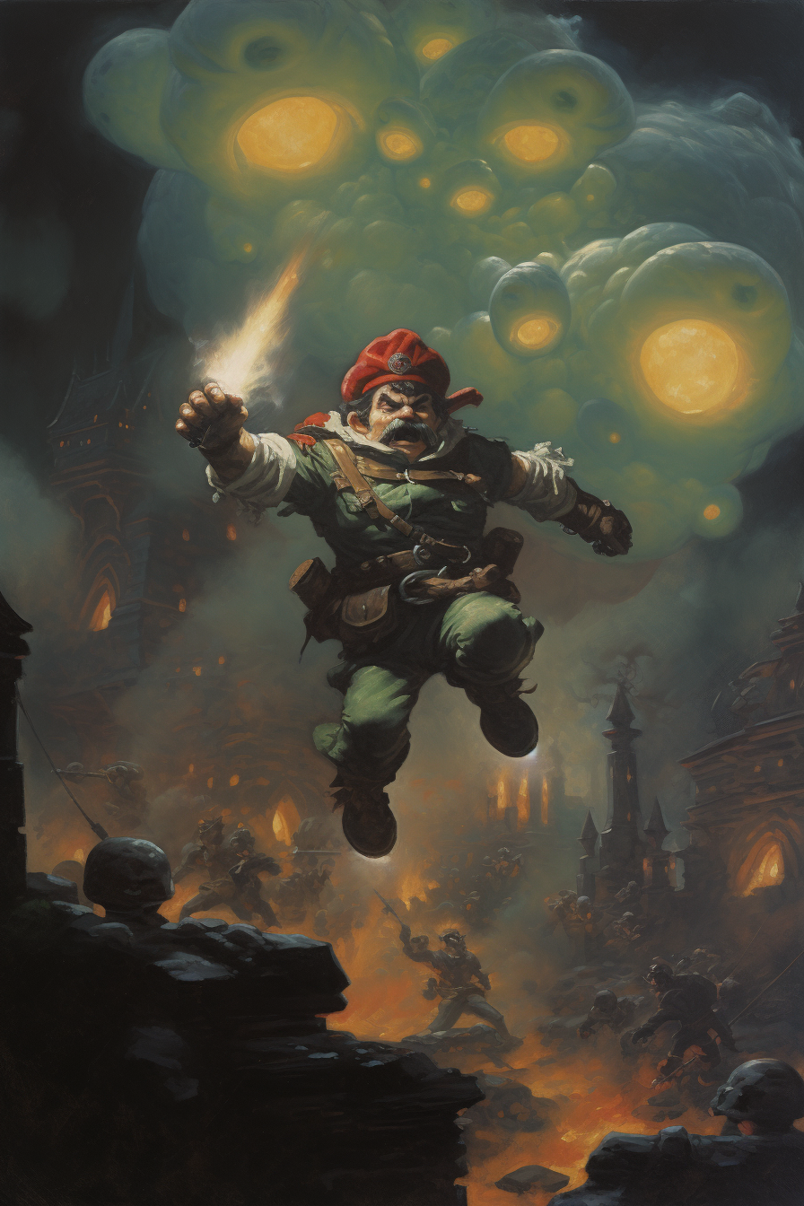 Mario Bros jumping in dark fantasy setting