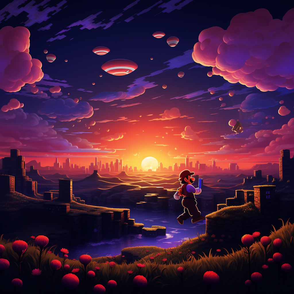 Mario chasing Princess Peach at sunset