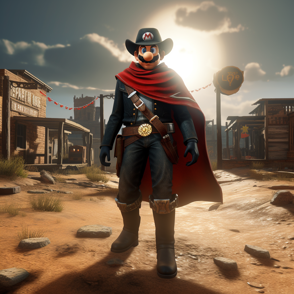 Super Mario dressed as a cowboy in Red Dead Redemption