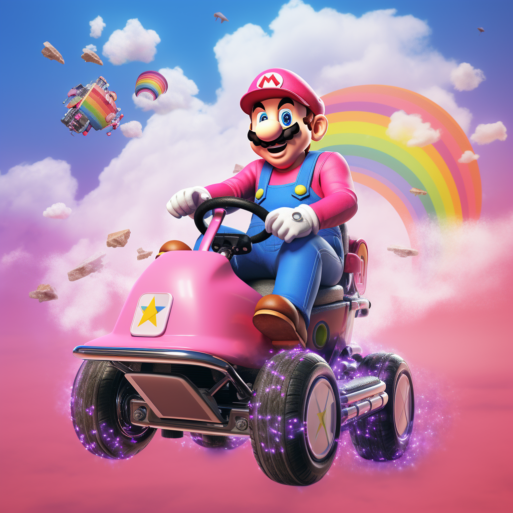 Colorful Mario Kart race on pink background with minimalistic art