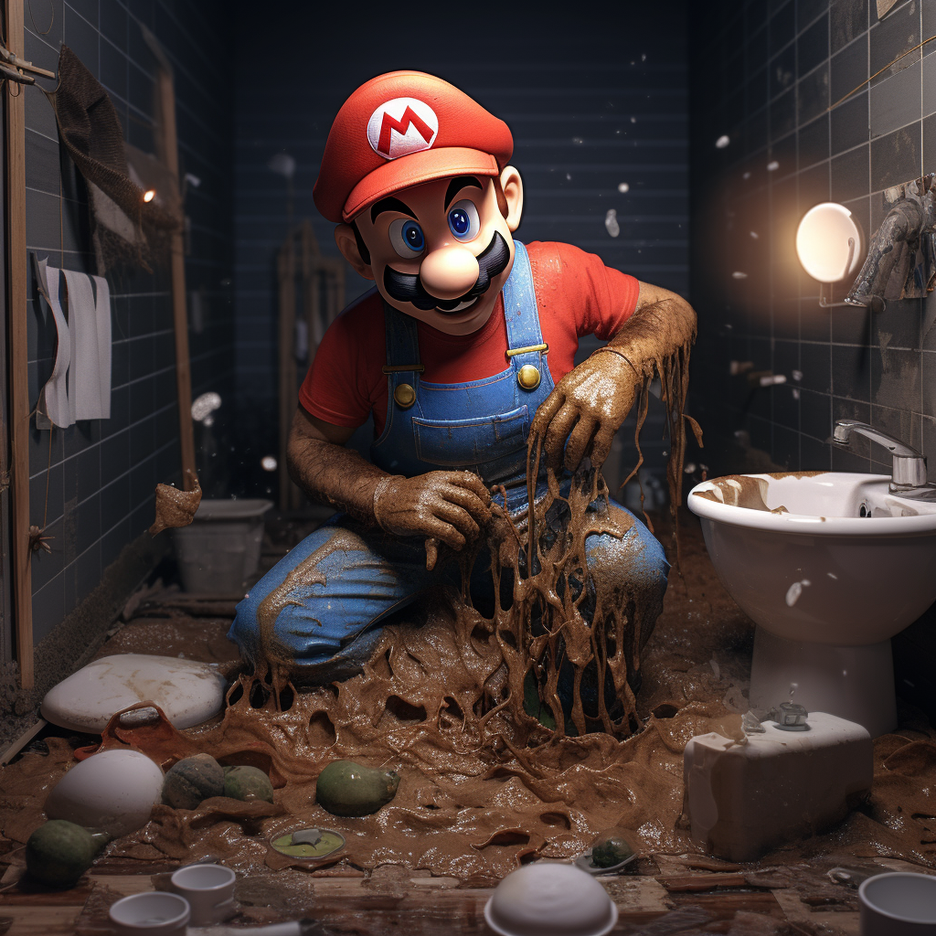 Mario fixing mud filled toilet