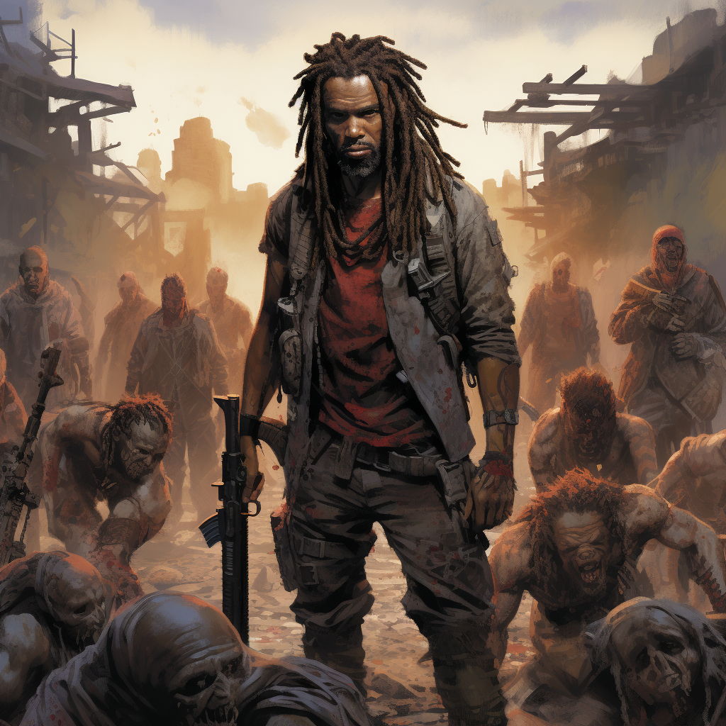 Mario Van Peeples surrounded by zombies with dreadlock hair