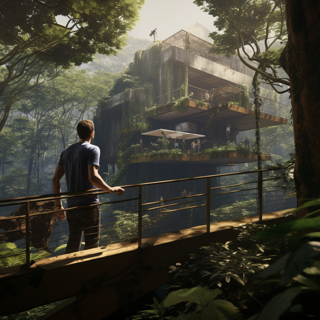 Mark Zuckerberg climbing treehouse in jungle