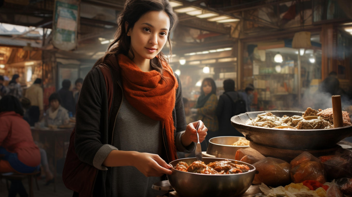 Woman tasting food in Asian market