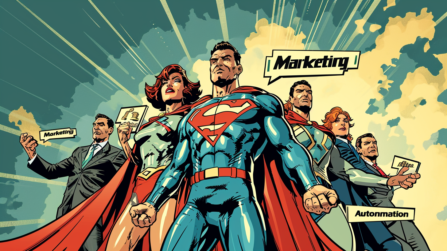 Superheroes wearing  Marketing Automation  suits