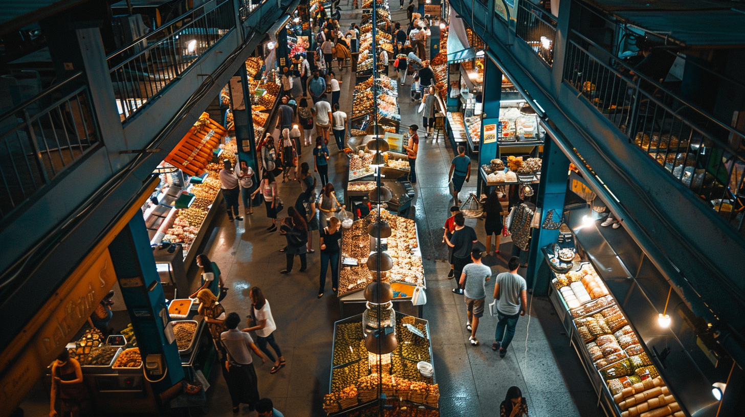 Wide shot busy marketplace