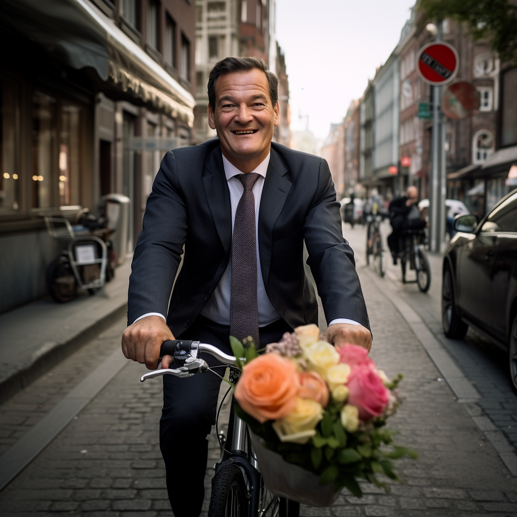 Markus Söder on a bike with bouquet