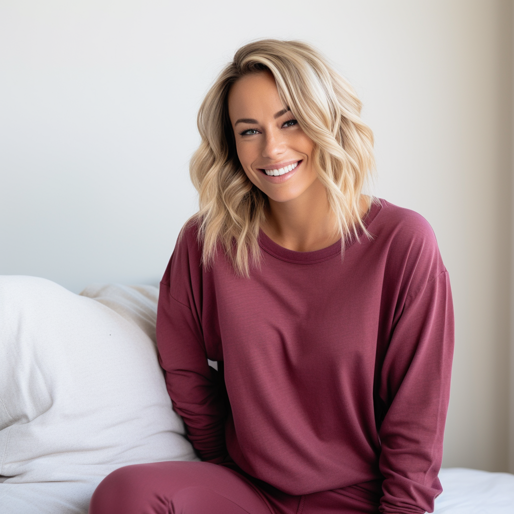 36-year-old woman smiling in maroon Gildan sweatshirt