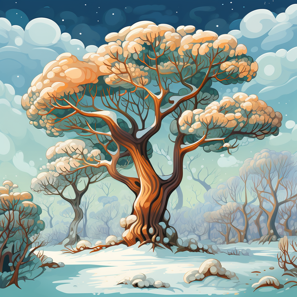 Cartoon-style winter forest with young marple tree