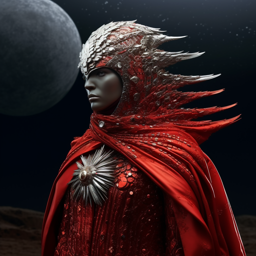 Cinematic mars alien bird with foil cloak and coral garments