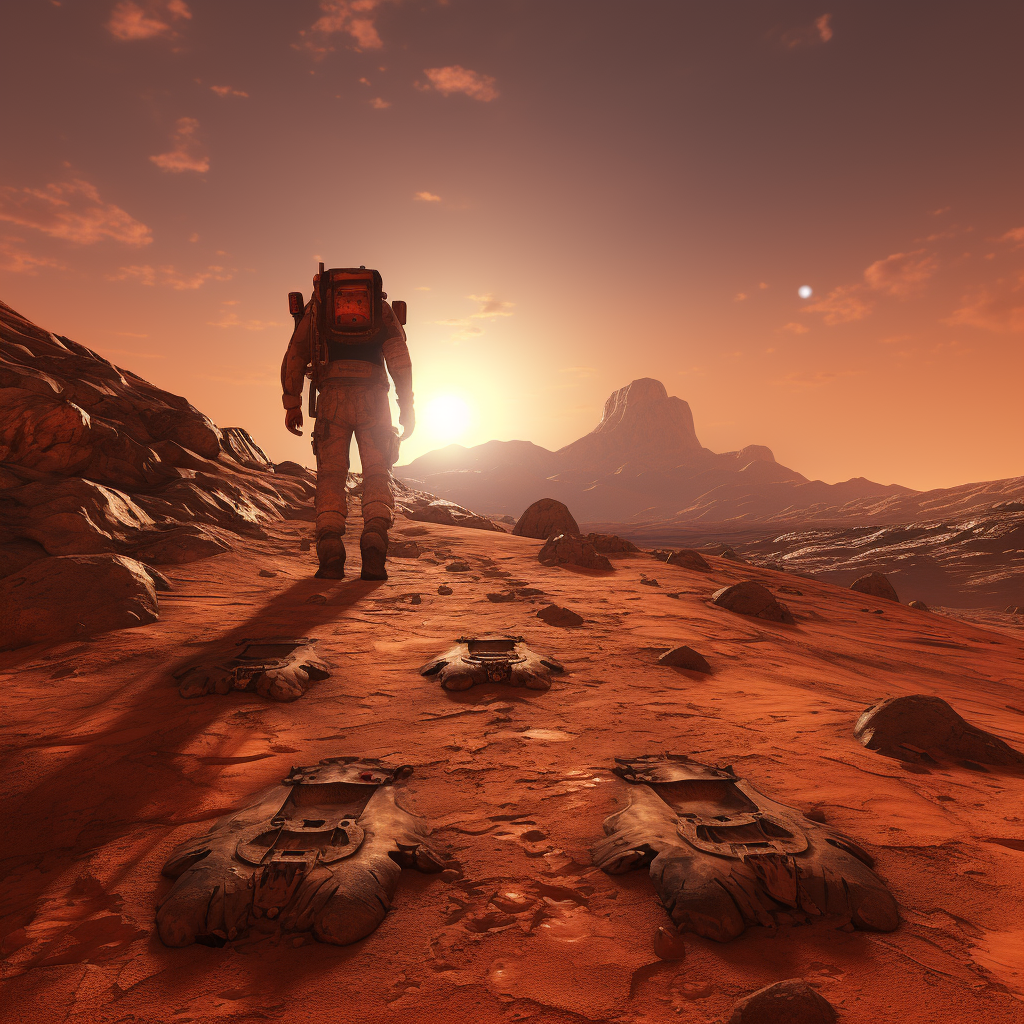 First Person Stepping Foot on Mars with Alien Shadow