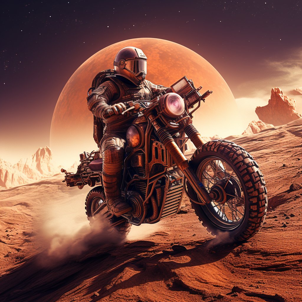 Astronaut on motorcycle exploring Mars