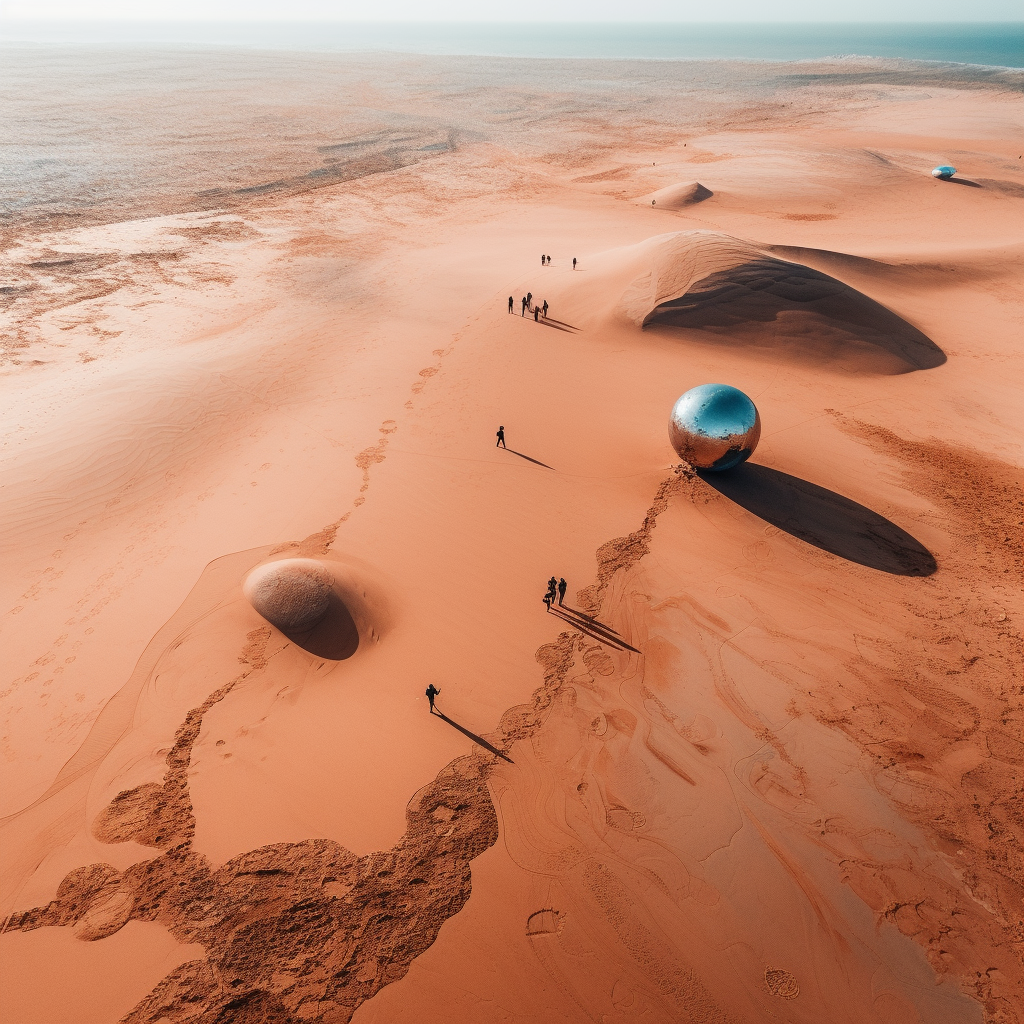 Tourists relaxing on Mars' artificial sandy beach