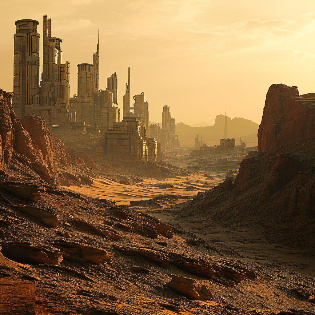 Mars Canyon industrial city in late afternoon light