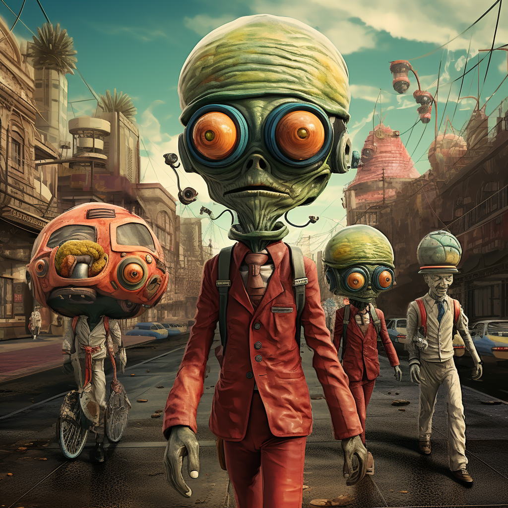 Aliens walking in steampunk Mars city