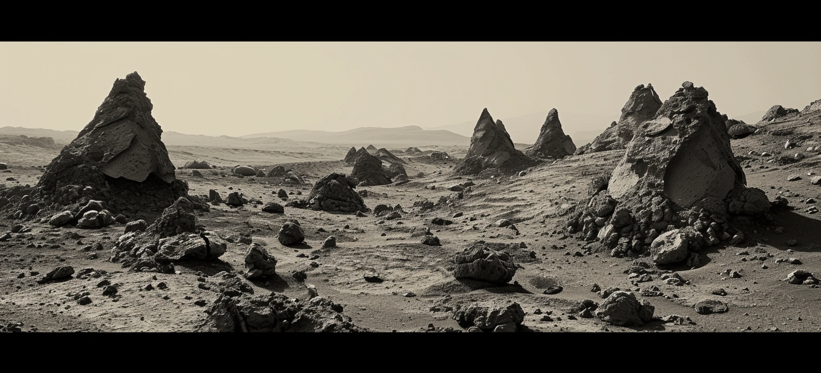 Black and white image of small stone structures on Mars