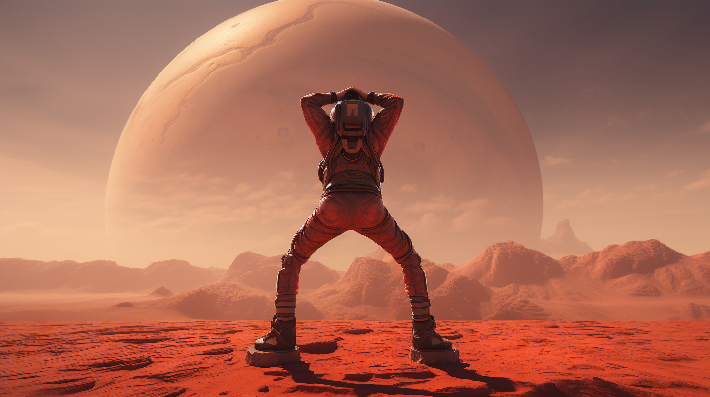 Astronaut practicing low-gravity yoga on Mars