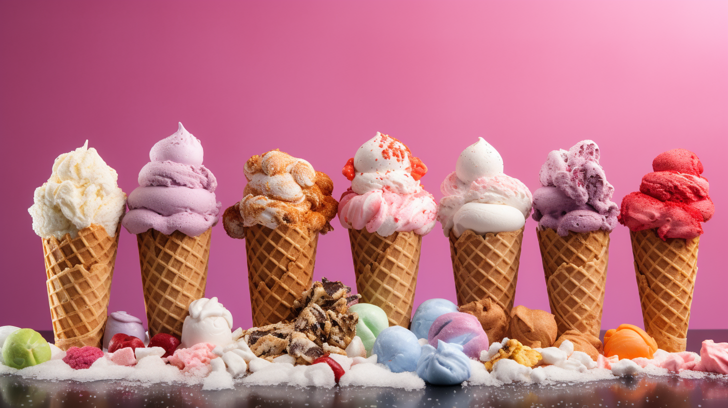 Colorful marshmallow cones and waffles