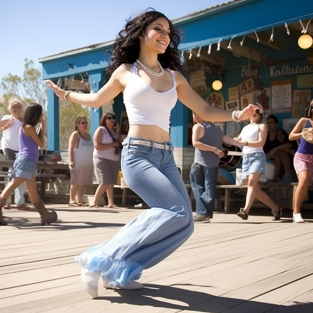 Martha Higareda happily dancing on a sunny California boardwalk