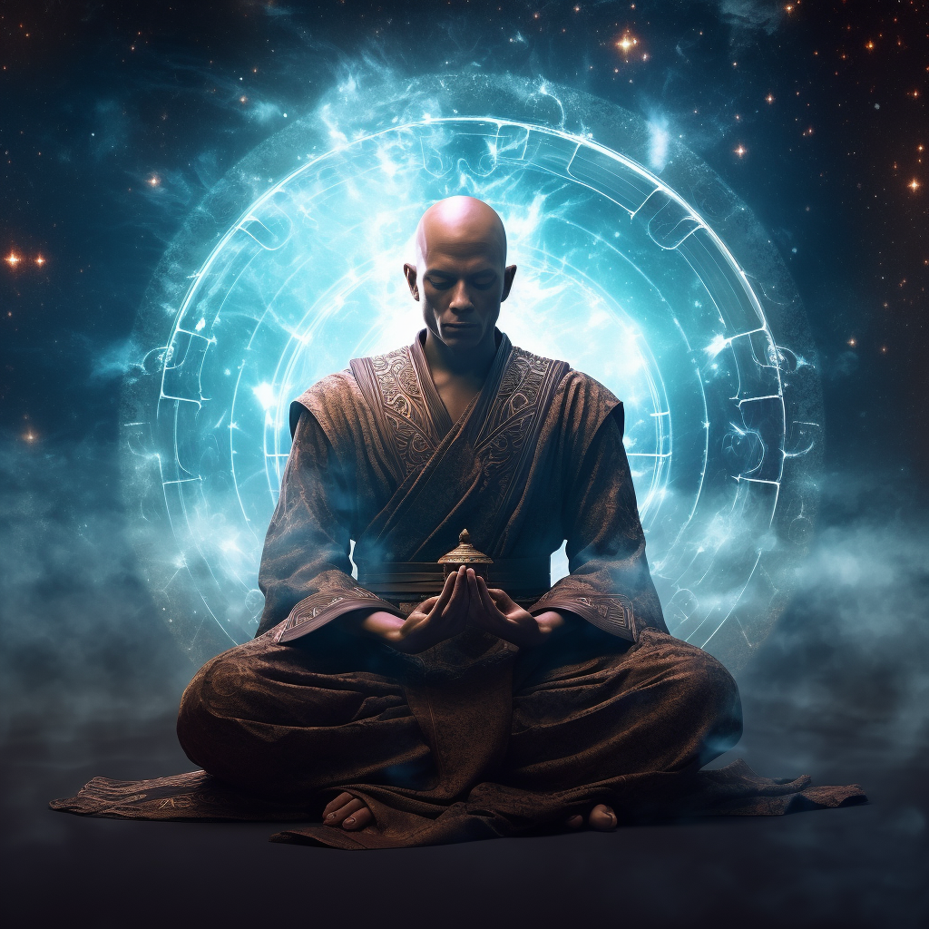 Martial Arts Monk Meditating Cosmic Energy Universe