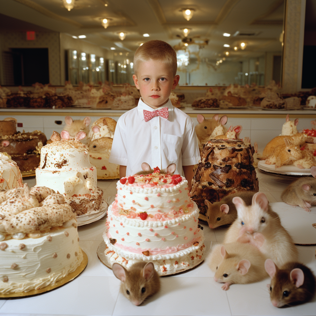 Boy near cake made with real mice