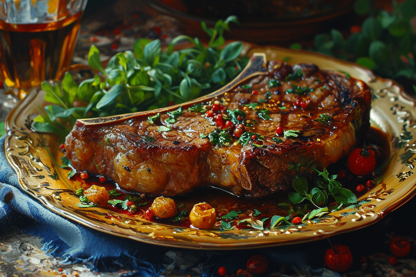 Colorful T-Bone Steak on Golden Plate