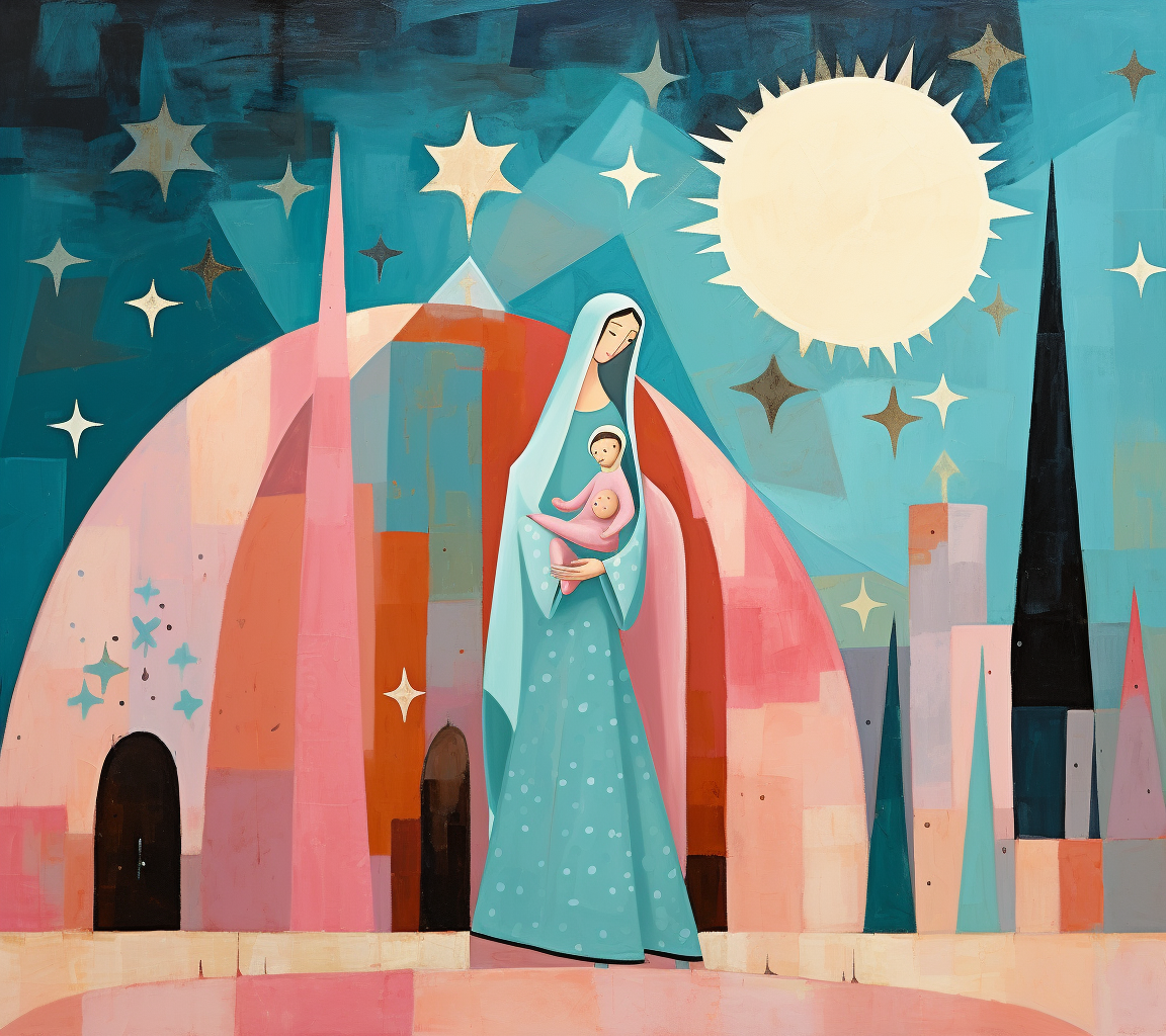 Playful painting of Mary, Joseph, and Baby Jesus