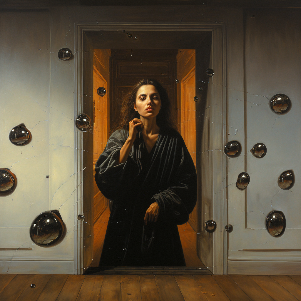 Surreal portrait of Mary Magdalene eavesdropping at a door