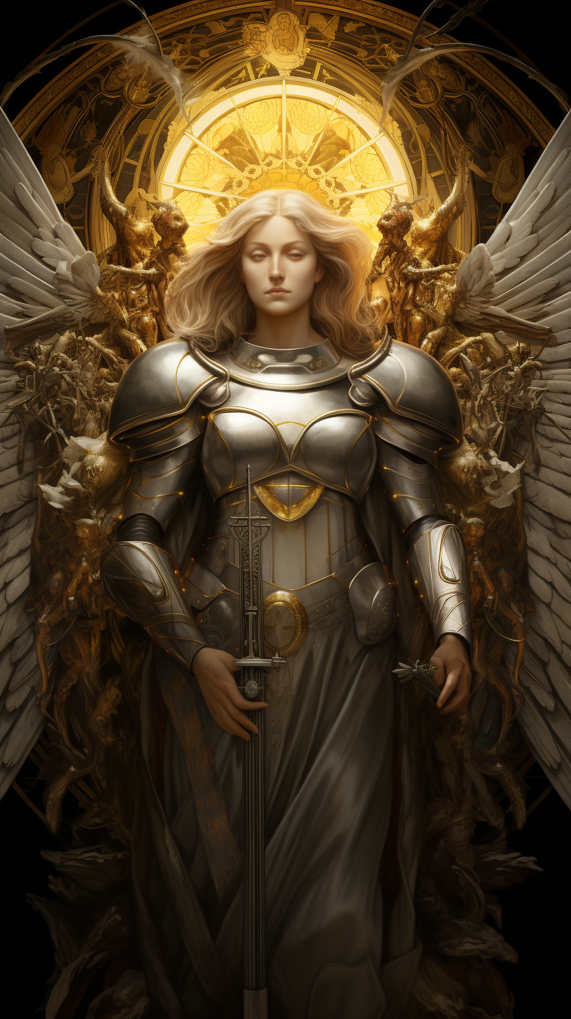 Image of Mary, mother of Jesus, with 3 angels in armor