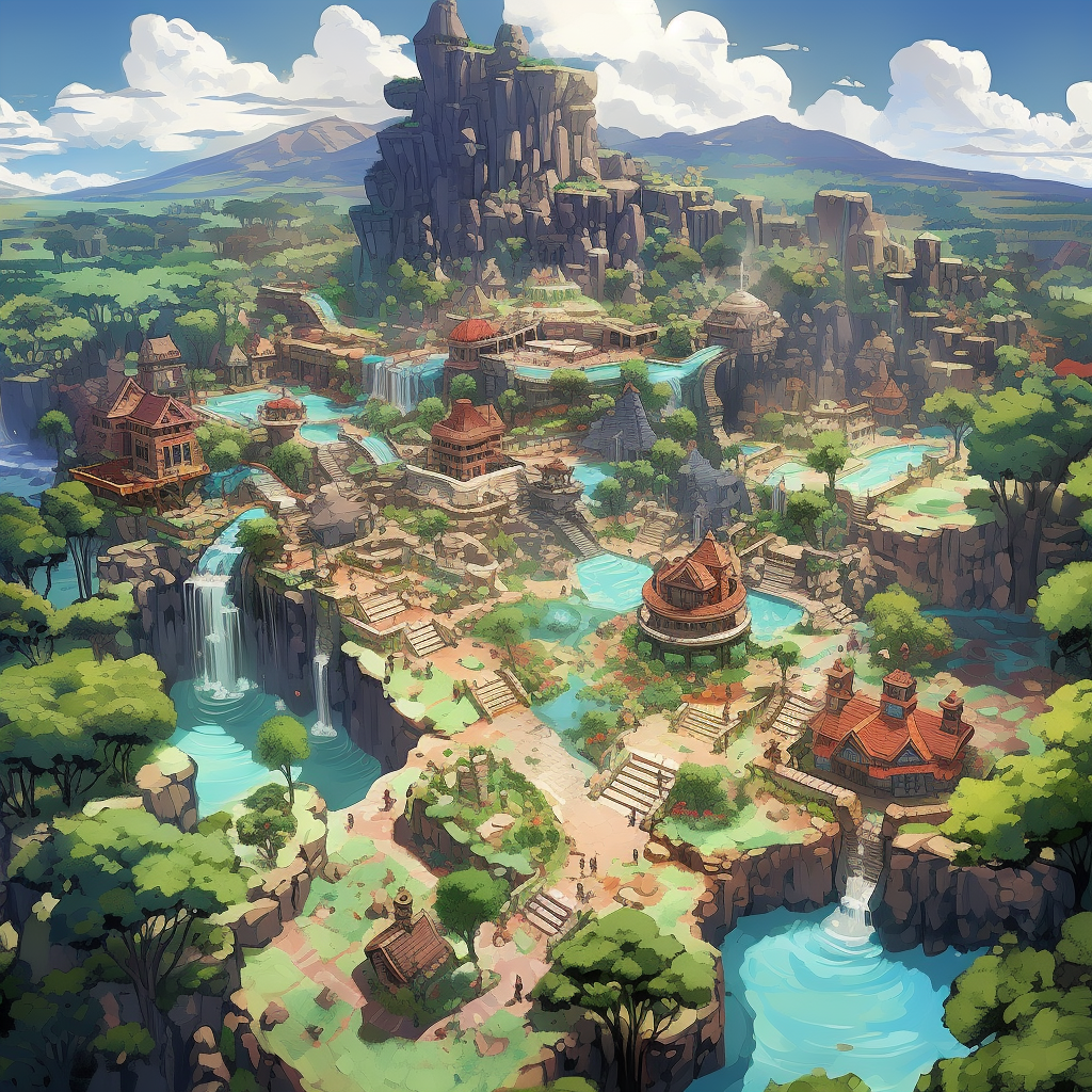 Aerial view of fantasy world with Pokémon