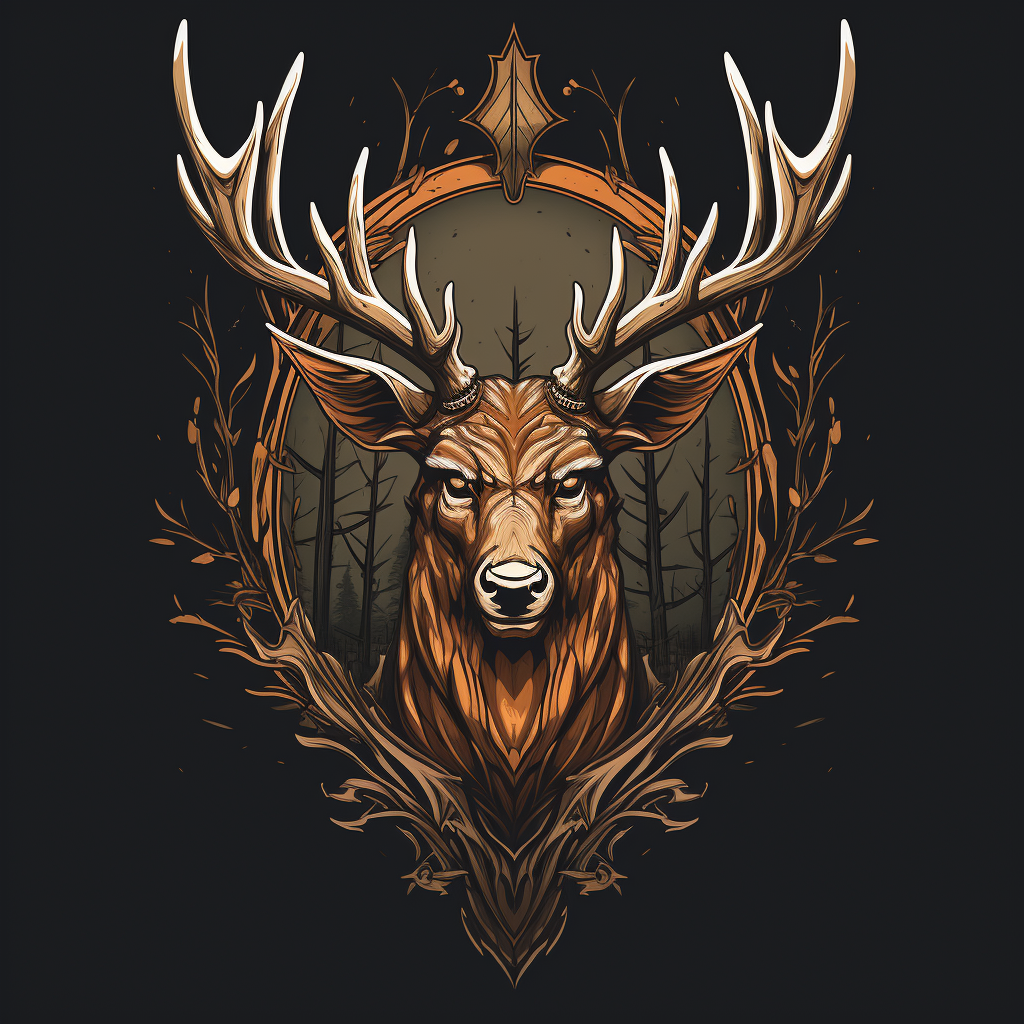 Mascot logo featuring cabossed stag head with tree antlers