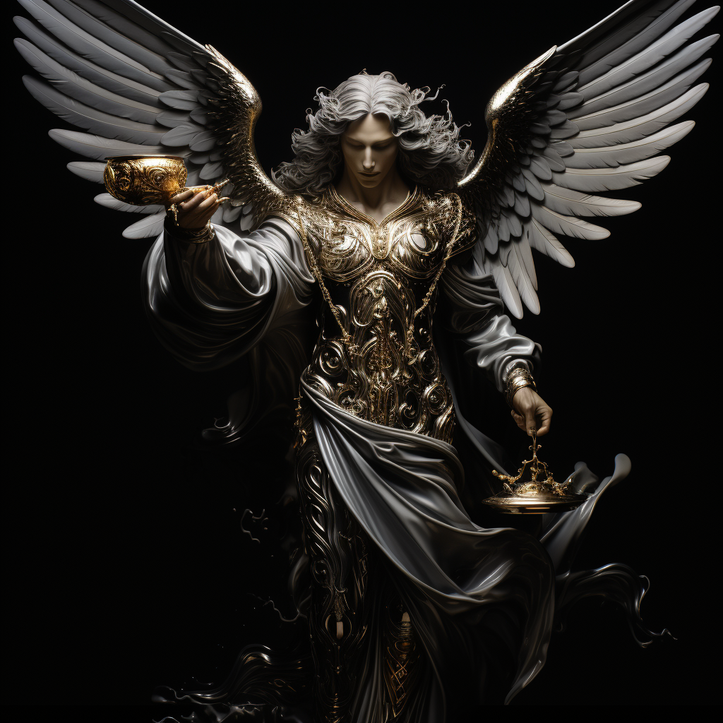 Masculine angel pouring liquid between grails