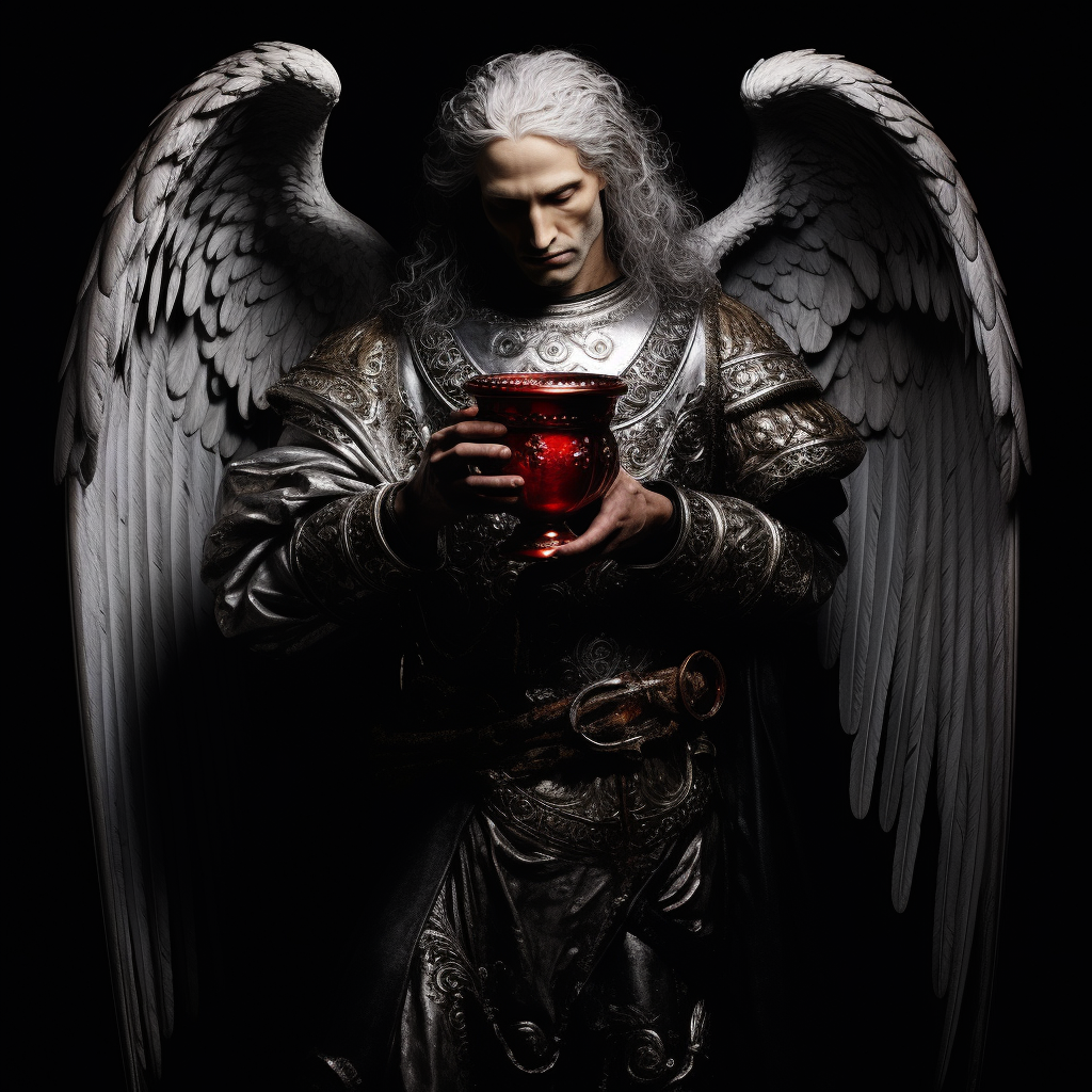 Masculine angel pouring liquid between holy grails